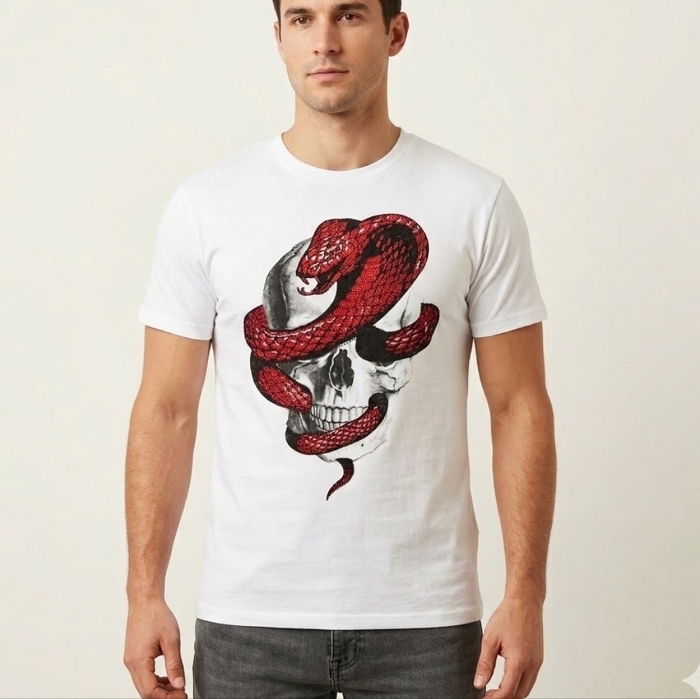 Heads or Tails Men 2XL White Rhinestone Cobra Snake Skull Graphic White T-Shirt